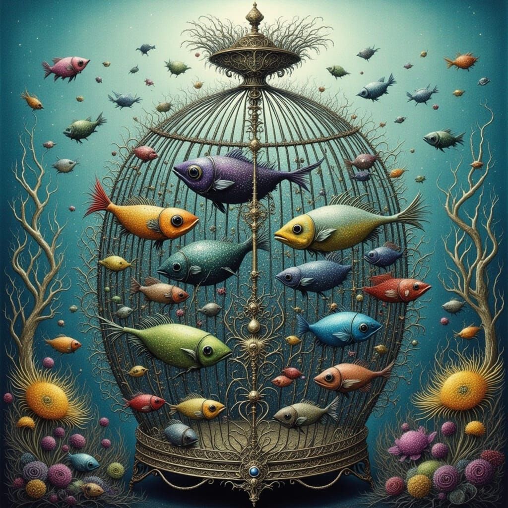 Surreal Birdcage Scene with Flying Fish in a Whimsical Art S...