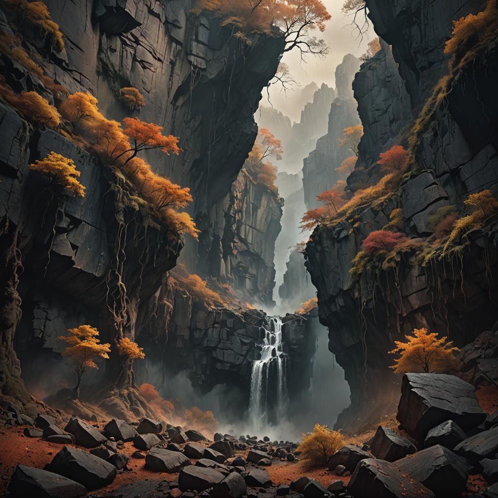 Autumn Trees Plunging into Dark Chasm: Digital Matte Paintin...