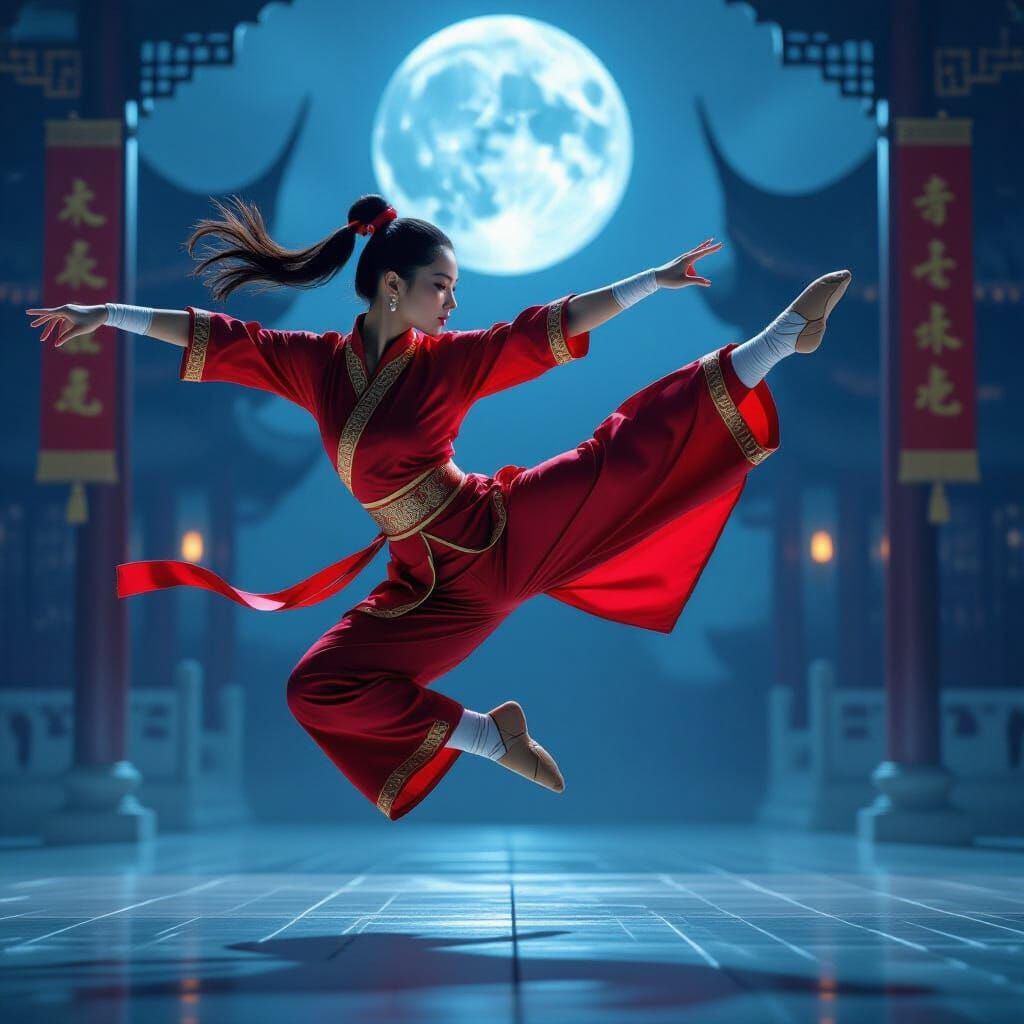 Female Wushu Master Performing Flying Kick