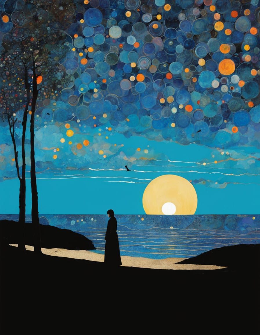 Sunset on the Beach in Vibrant Art Nouveau Style