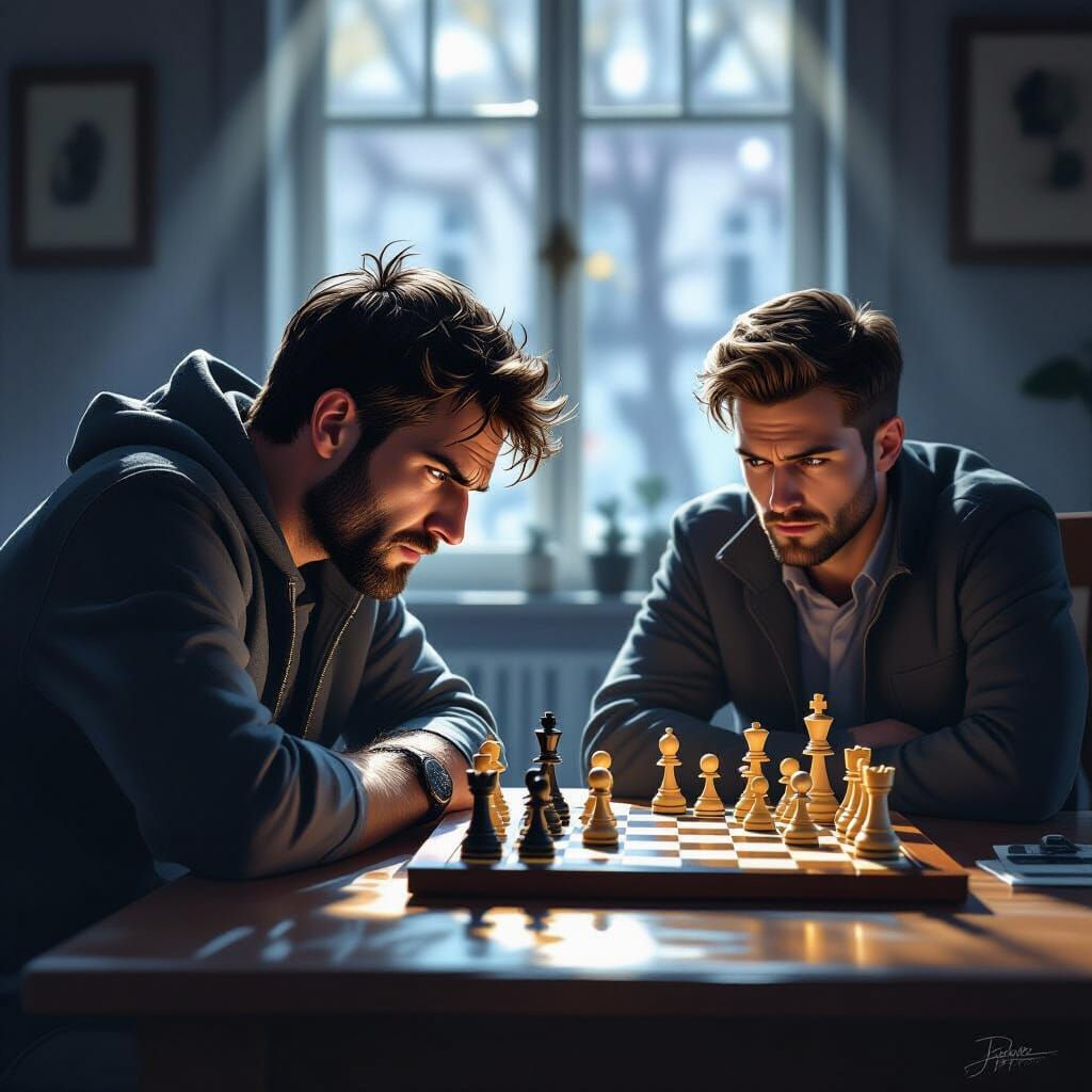Angry Chess Player Glaring at Board in Dramatic Light
