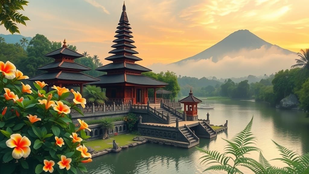 Bali Temple in Serene Lush Greenery with Vibrant Flowers