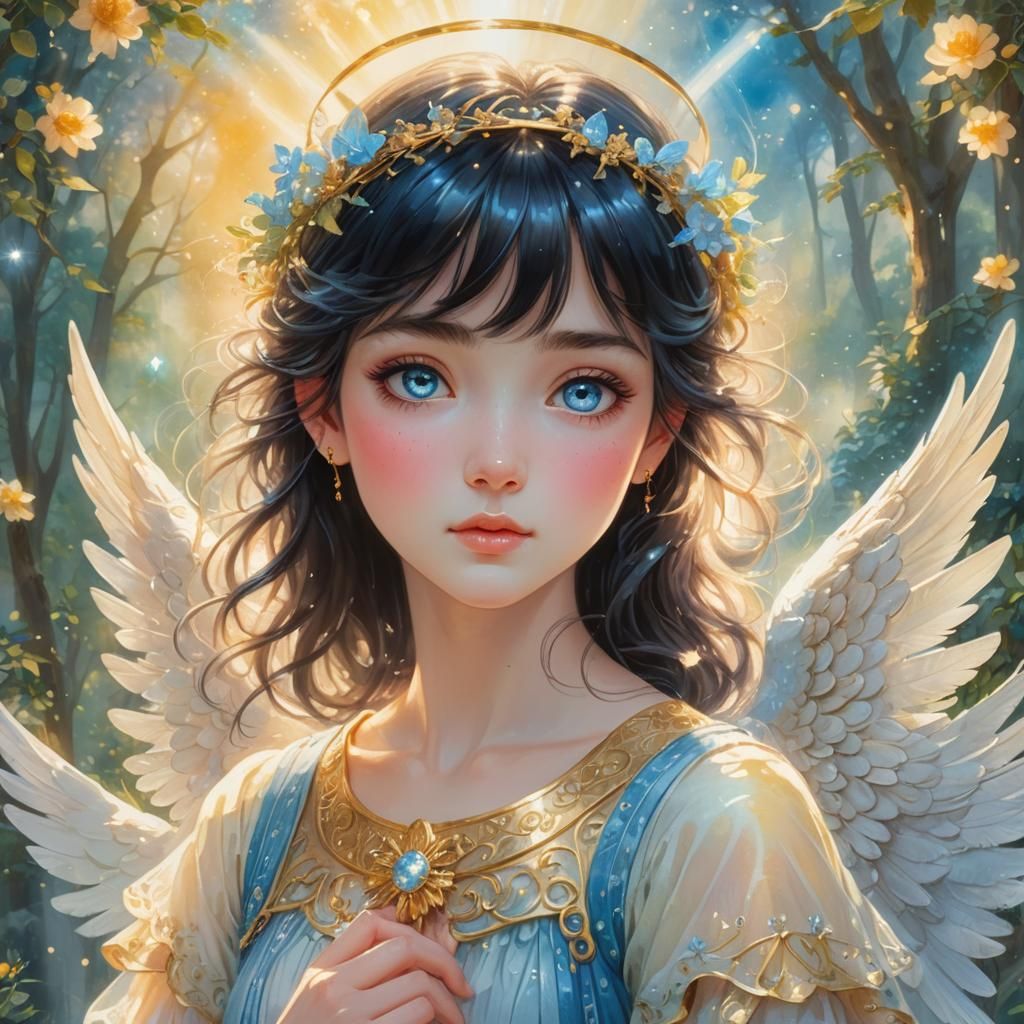 Ethereal Girl Angel in Watercolor Fantasy Style
