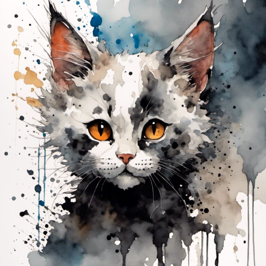 Cute Kitten Watercolor Head-shot in Black and White