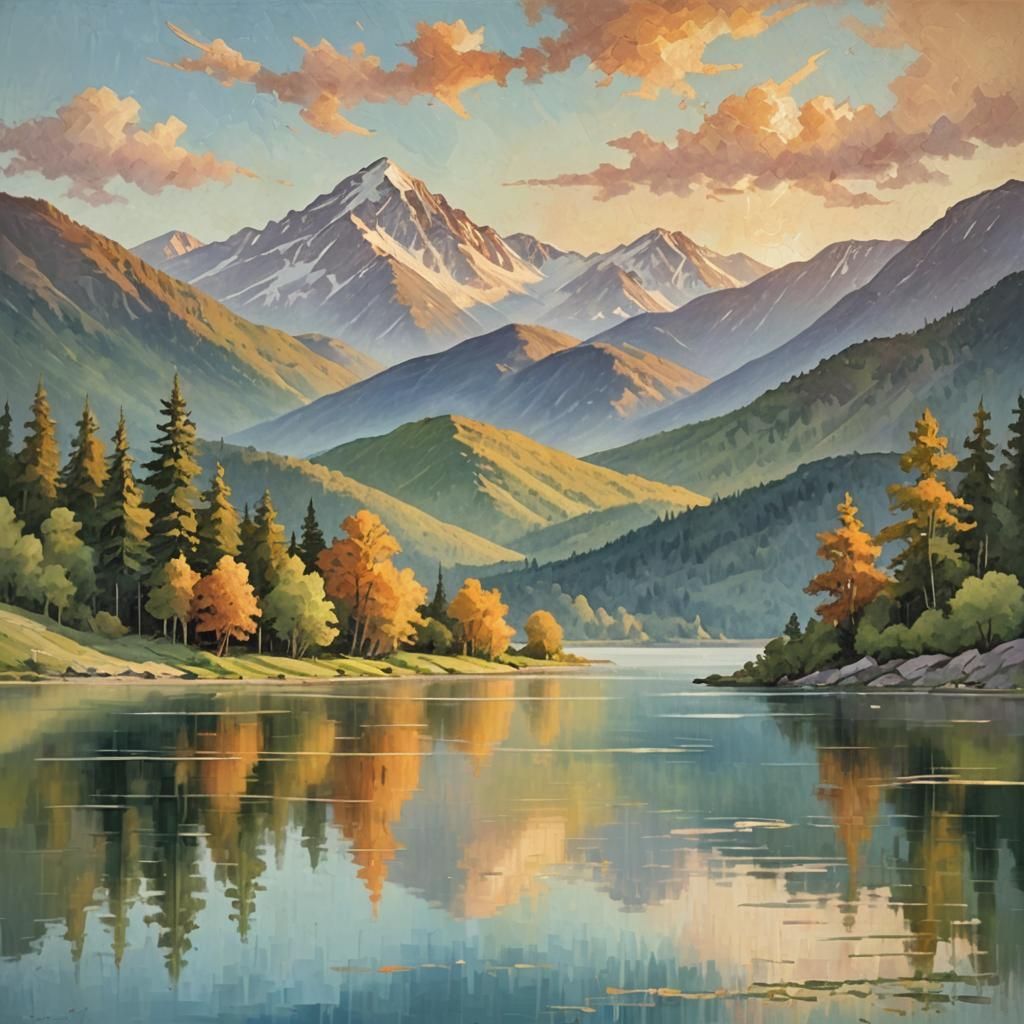 Impressionist Landscape Painting with Serene Lake
