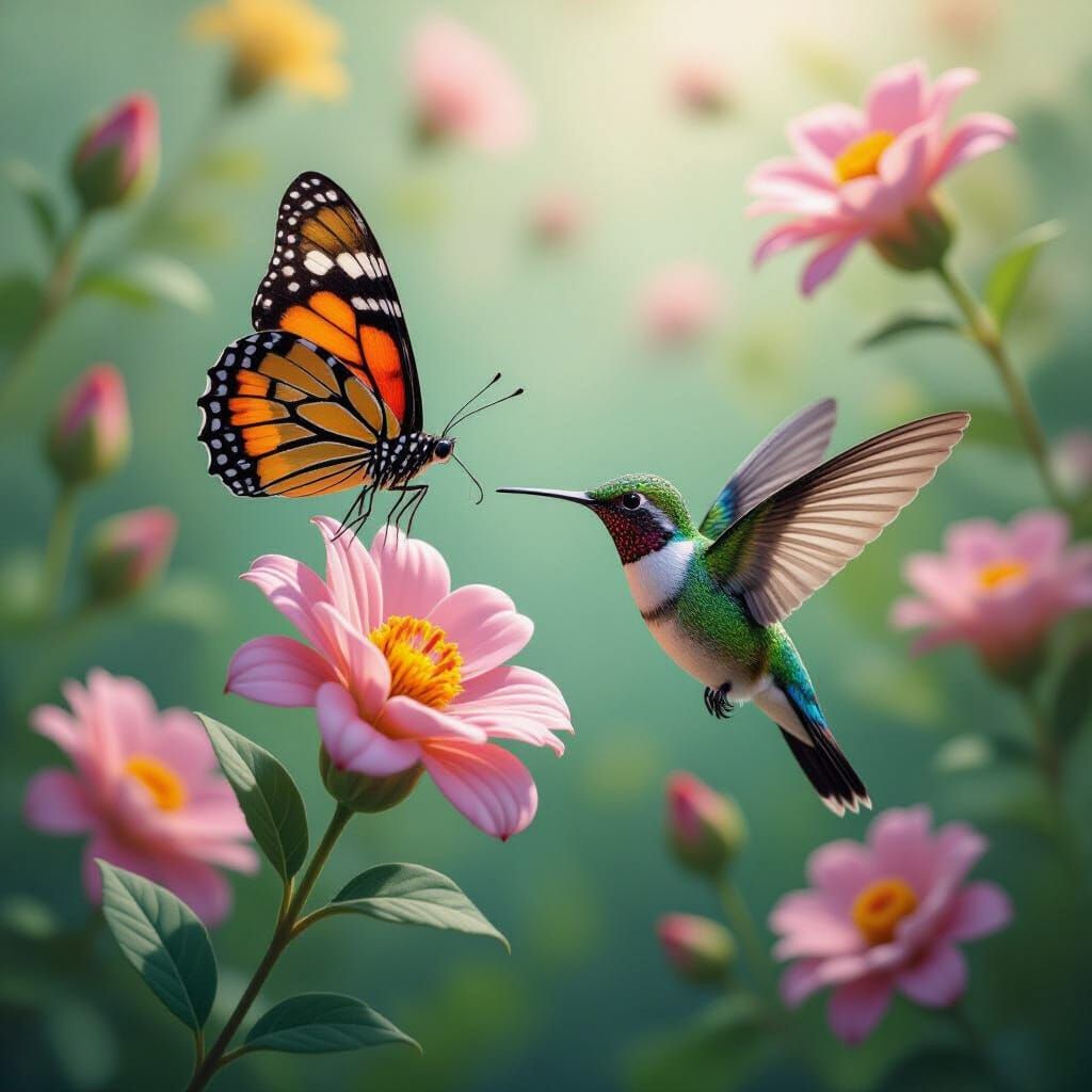 Hyper Realistic Butterfly & Hummingbird Among Flowers