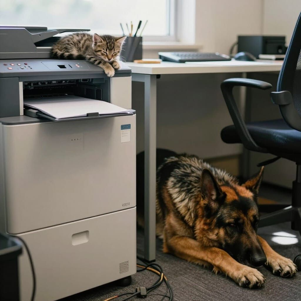 Kitten Sleeps on Printer, Dog Rests Under Desk