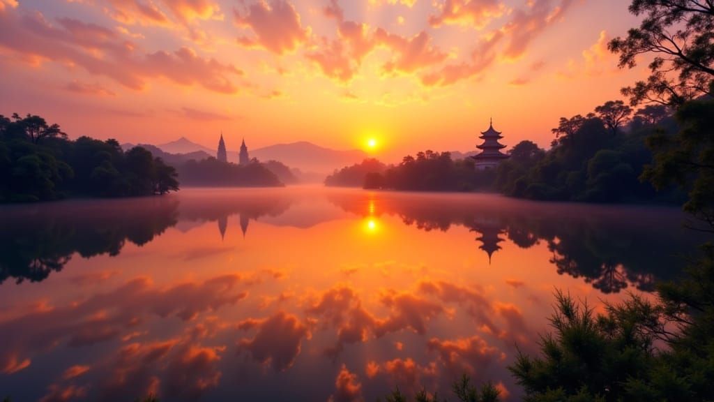 Serene Lake Sunset with Distant Chinese Temple