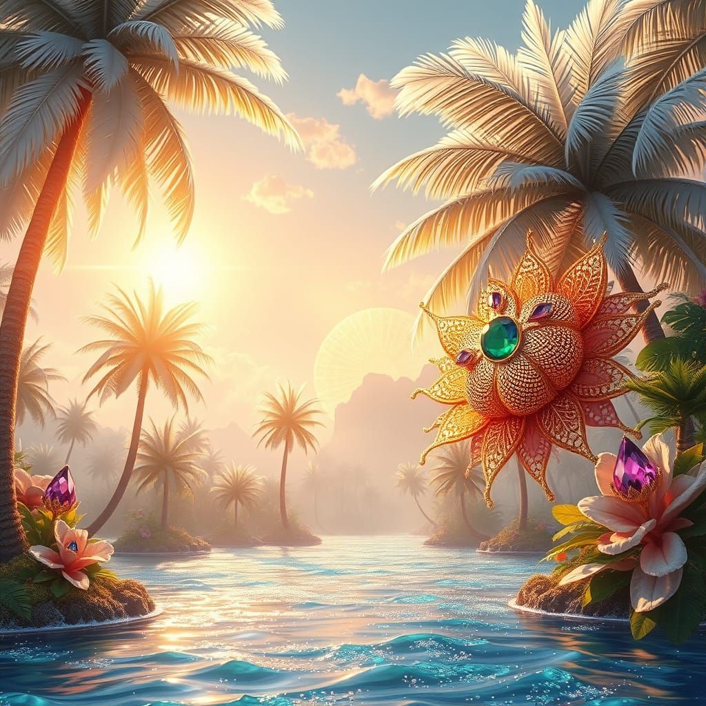 Opulent Fantasy Landscape with Feather Trees and Gem Flowers