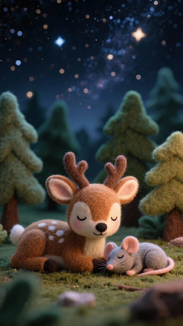 Cute Felt Deer and Mouse Sleeping Under Starry Night Forest