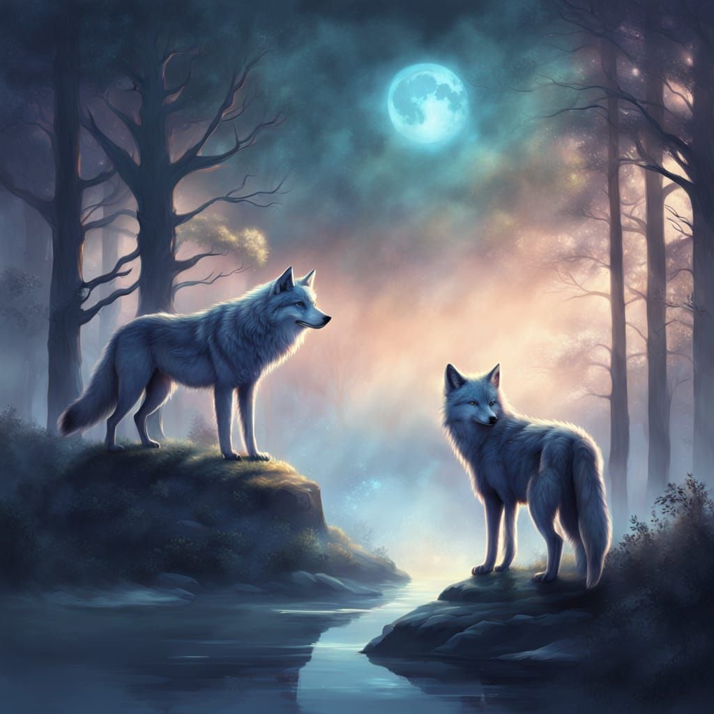 Spirit Wolf and Fox in Ancient Forest