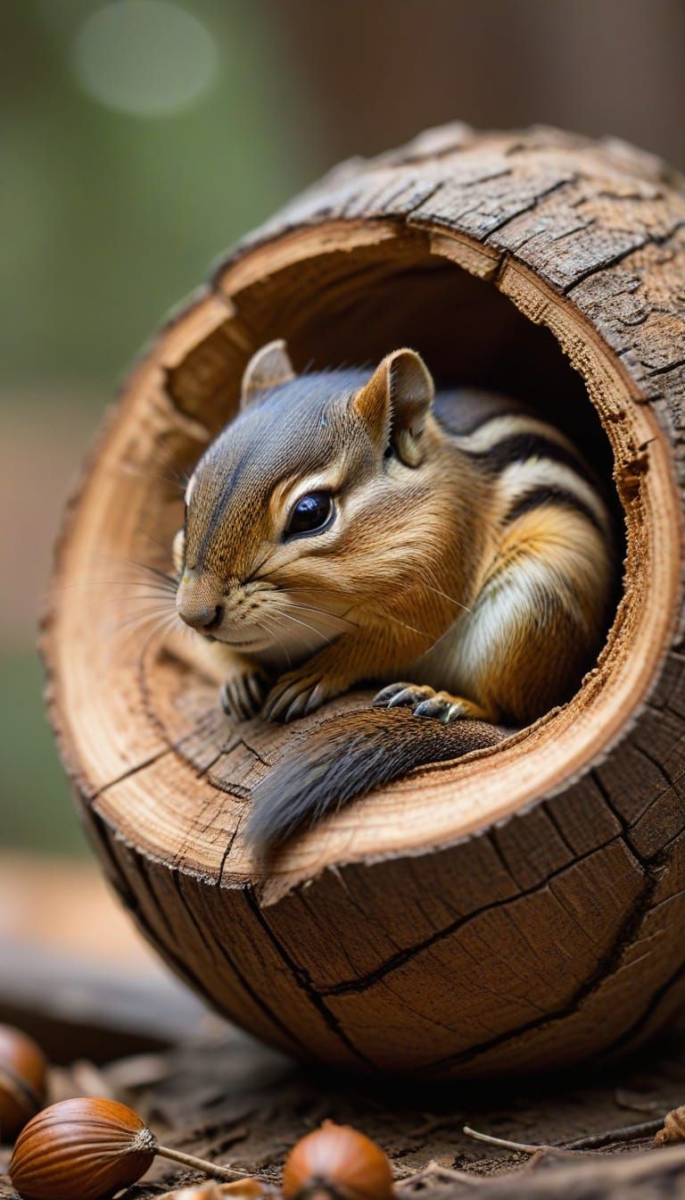 Cozy Chipmunk Napping in Nut Shell, Professional Photography