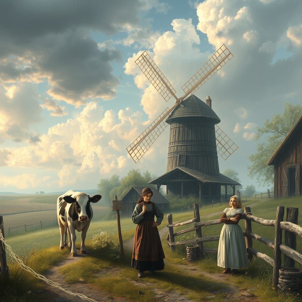 Whimsical Countryside with Amish Woman and Cow in Dreamlike ...