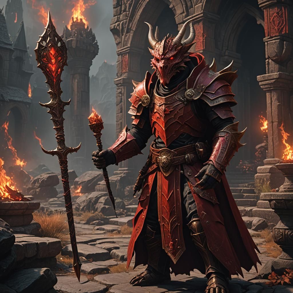 Red Dragonborn Priest with Scepter, Fantasy Concept Art