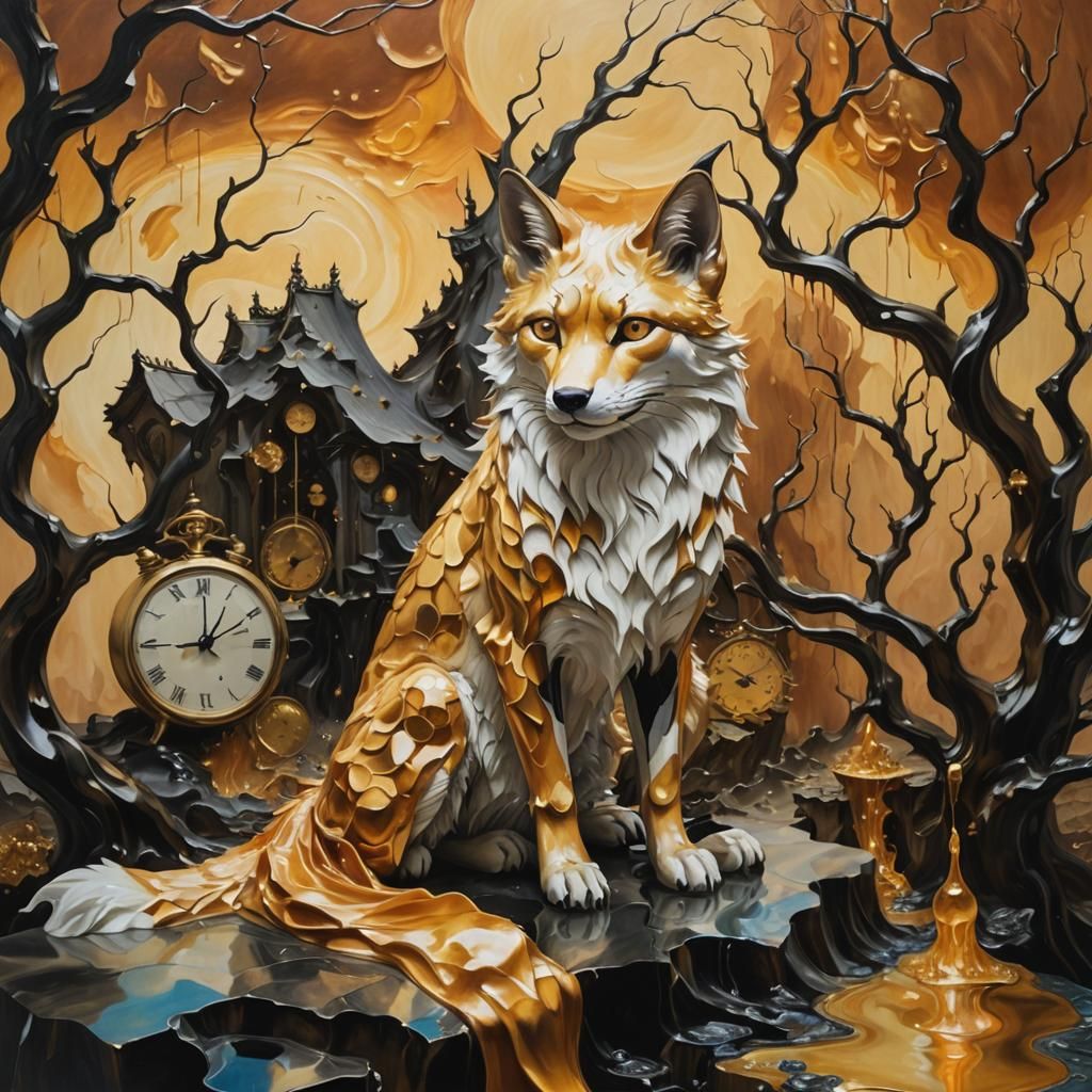 Surreal Kitsune Dreamscape with Melting Clock Fur