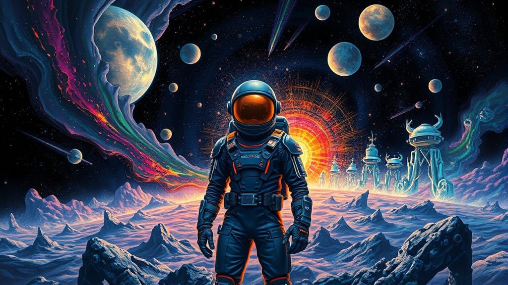 Cosmic Odyssey in Vibrant, Surreal Colors