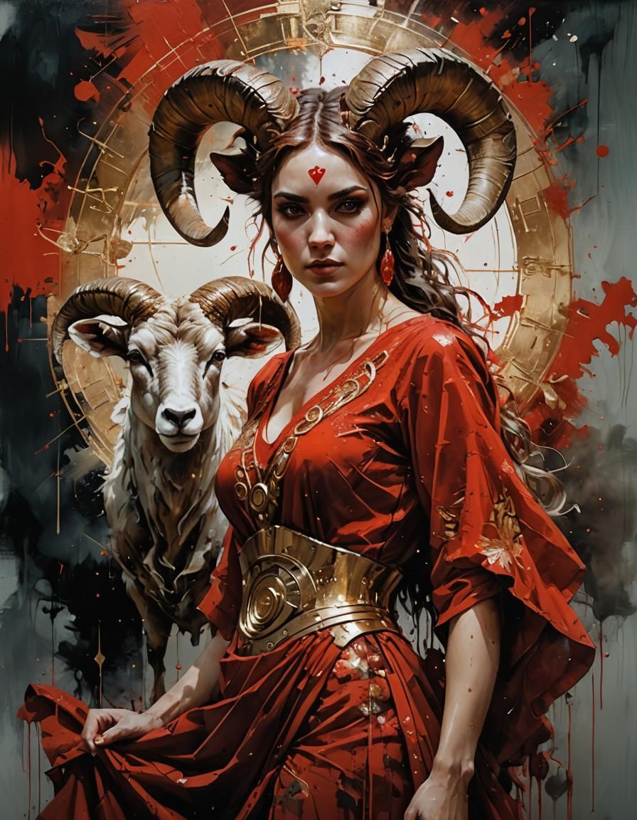 Aries Zodiac Woman in Mystical Acrylic Painting