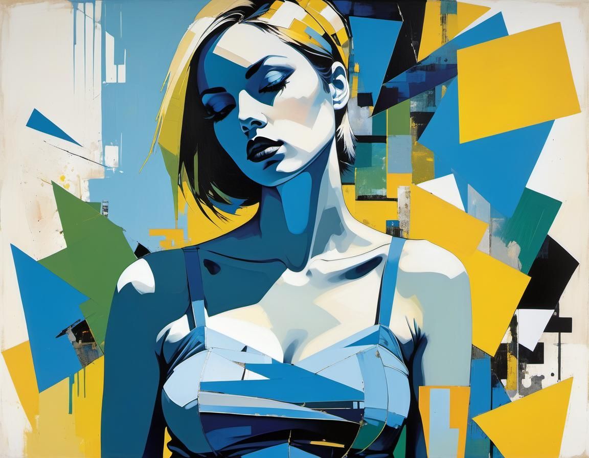 Woman in Dreamy Garden Landscape, Abstract Cubist Art