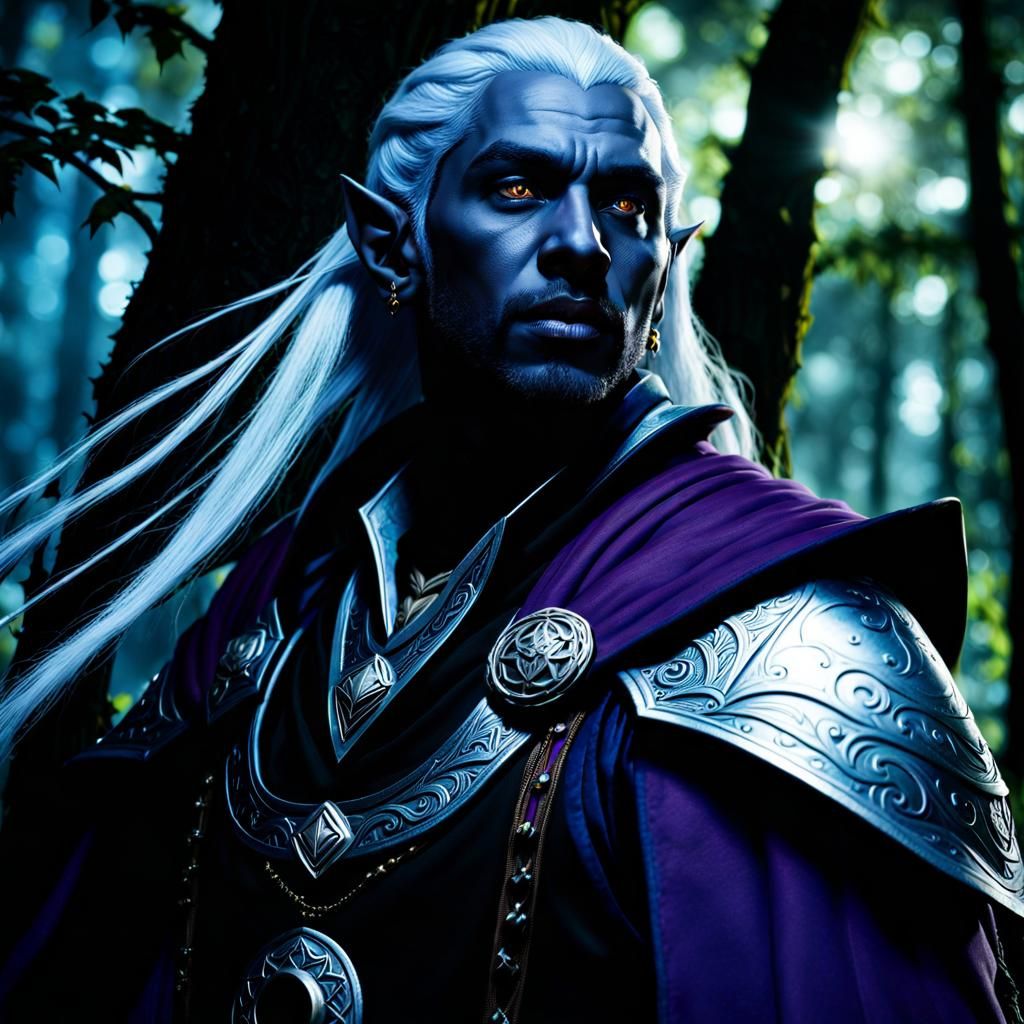 Detailed Drow Warlock Portrait in Dark Forest
