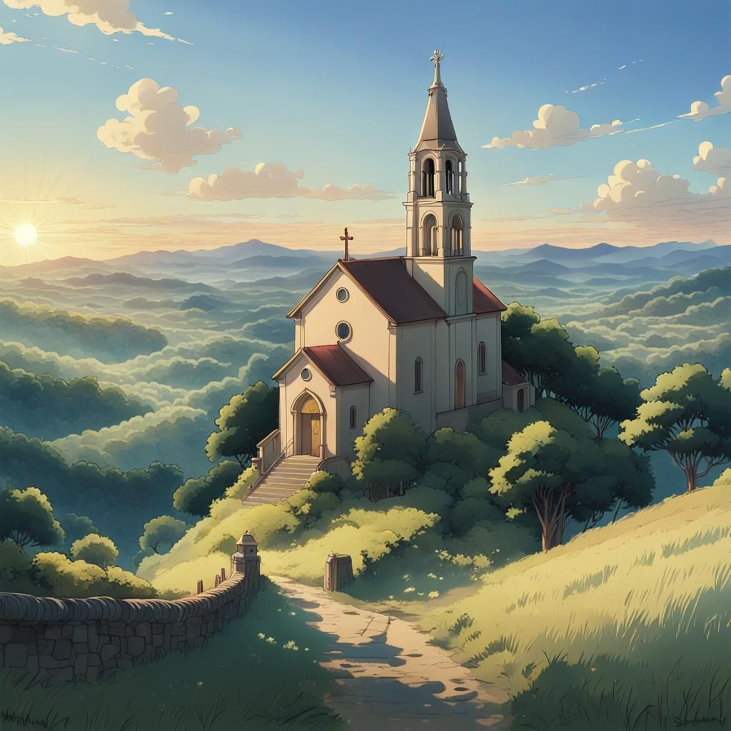 Italian Church Rings at Dawn in Ghibli Style