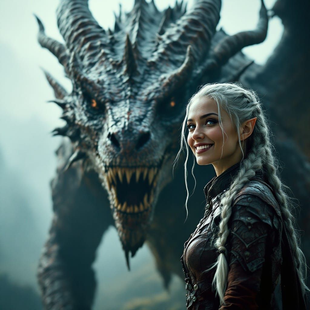 Elegant Elf Woman Surrounded by a Majestic Ancient Dragon in...