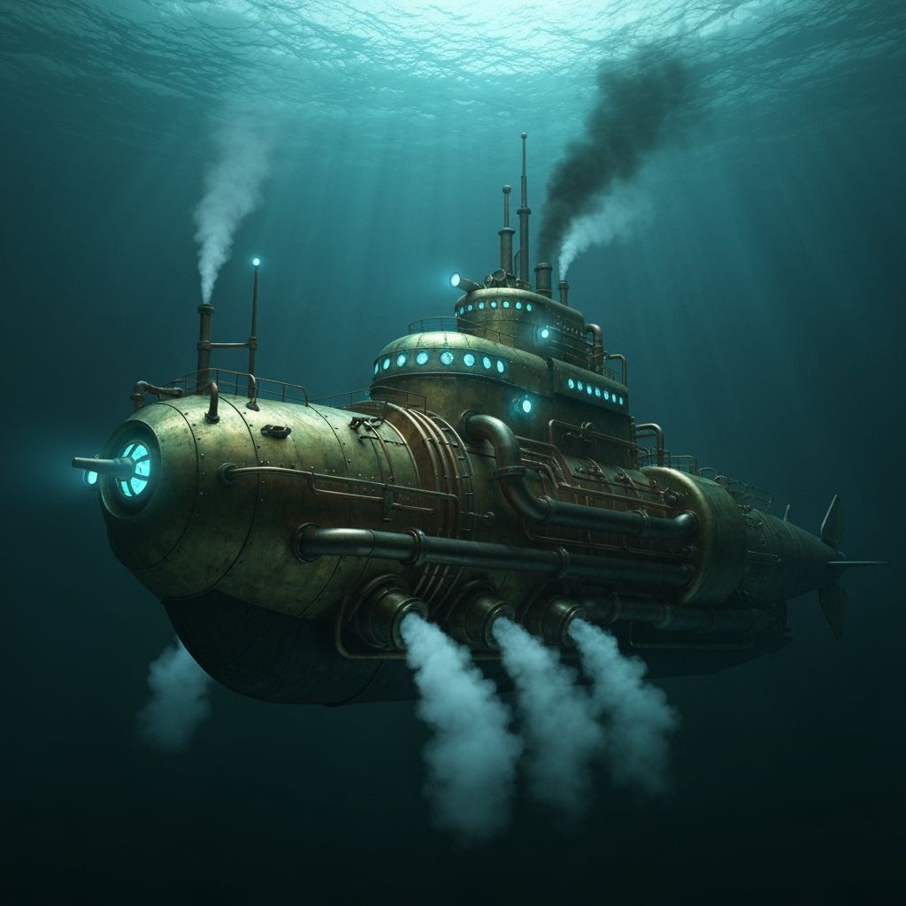 Steampunk Submarine Glides Silently Through Dark Ocean