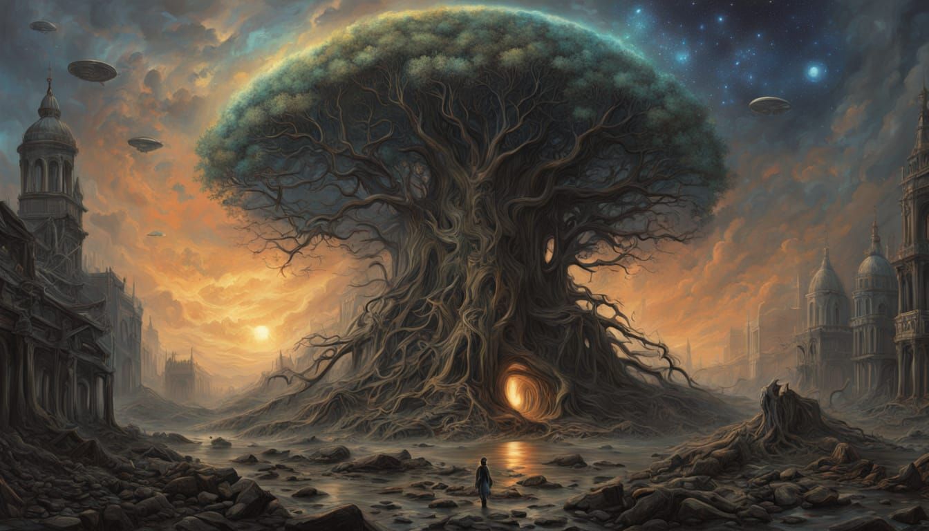 Cosmic Tree Cathedral Ruins in Beksiński-Giger Style