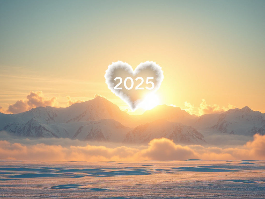 Snow Mountains with Heart Cloud and 2025, Digital Art