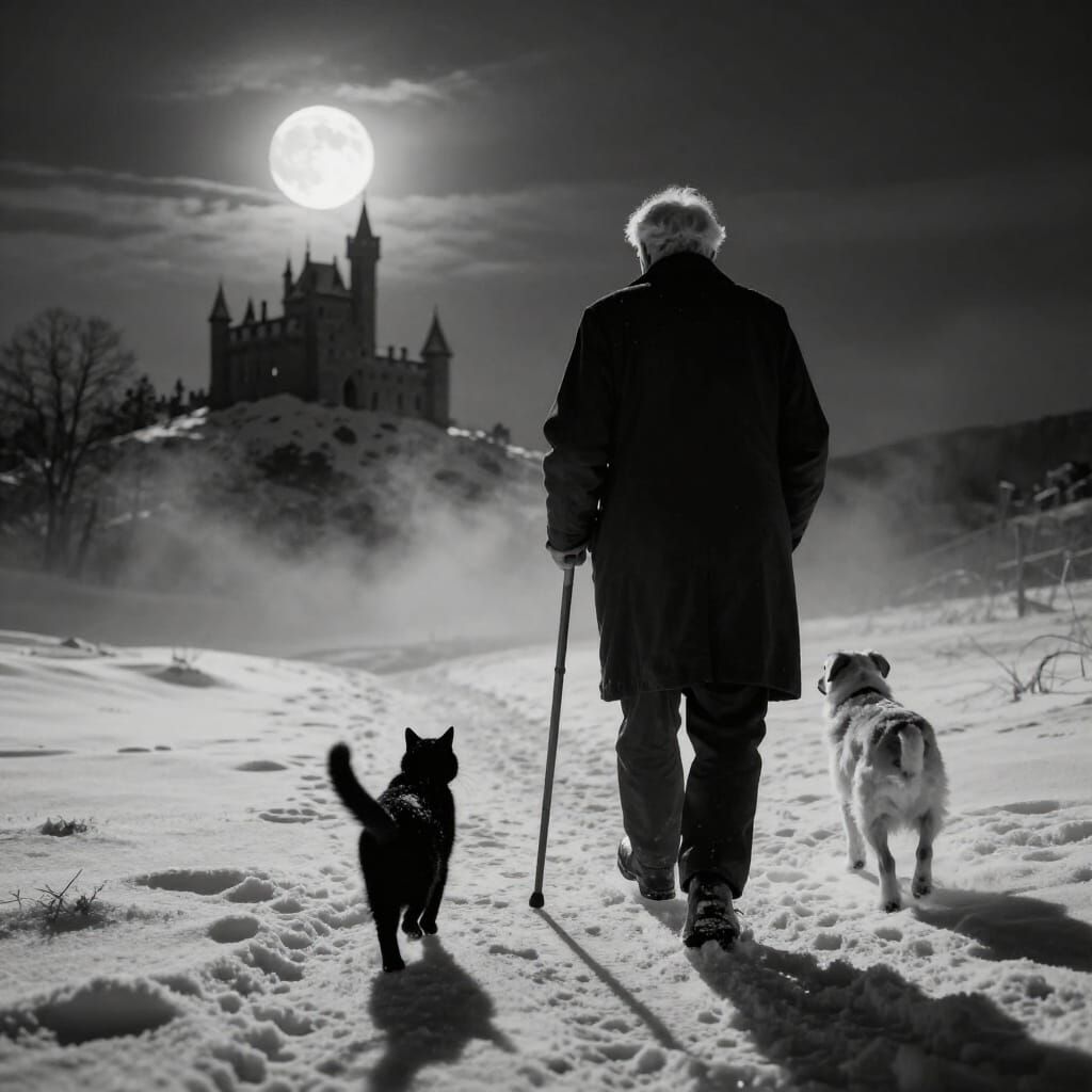 Old Man Walks Through Snowy Night to Castle with Cat and Dog