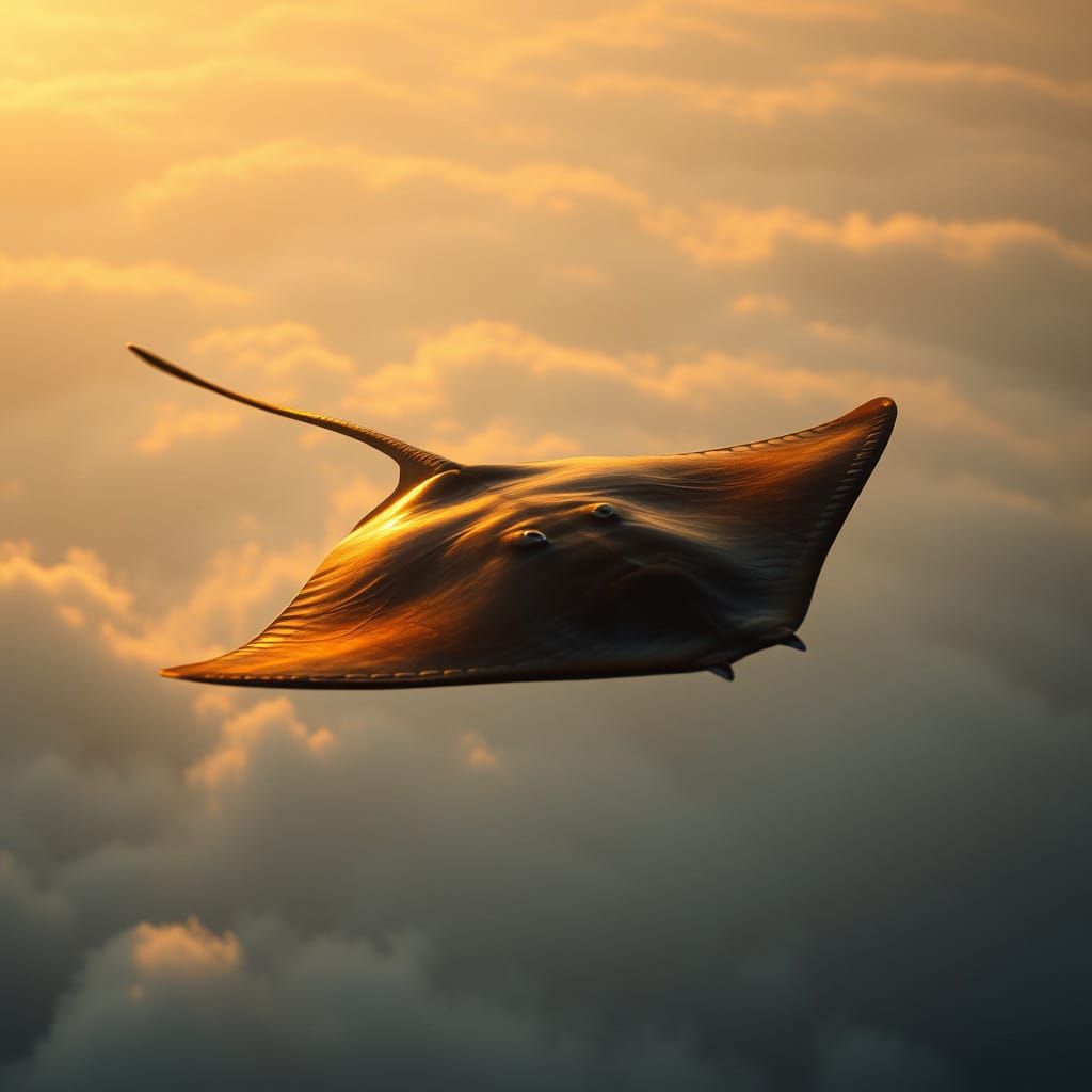 Majestic Stingray Soars through Sunset-Lit Clouds