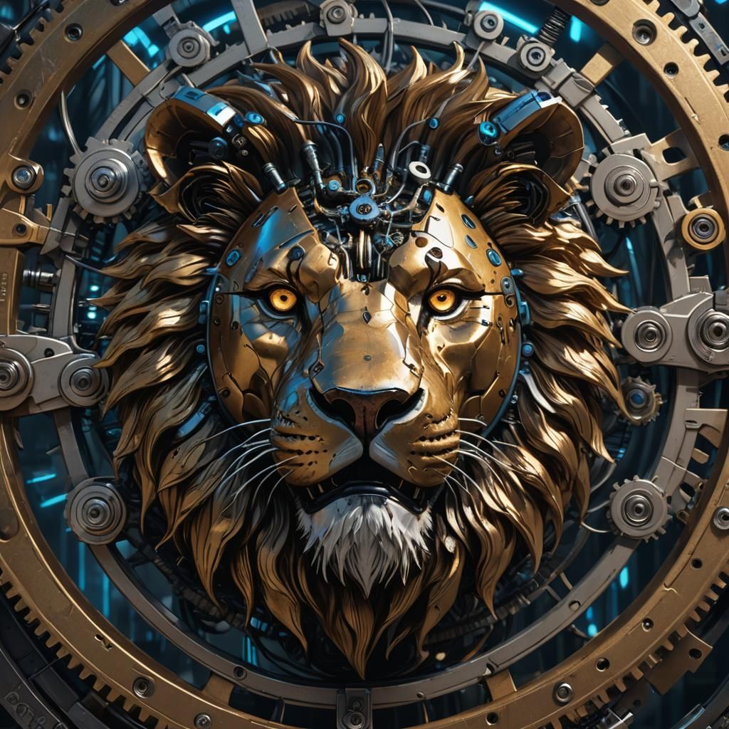Cyberpunk Cyborg Lion Portrait in Gears