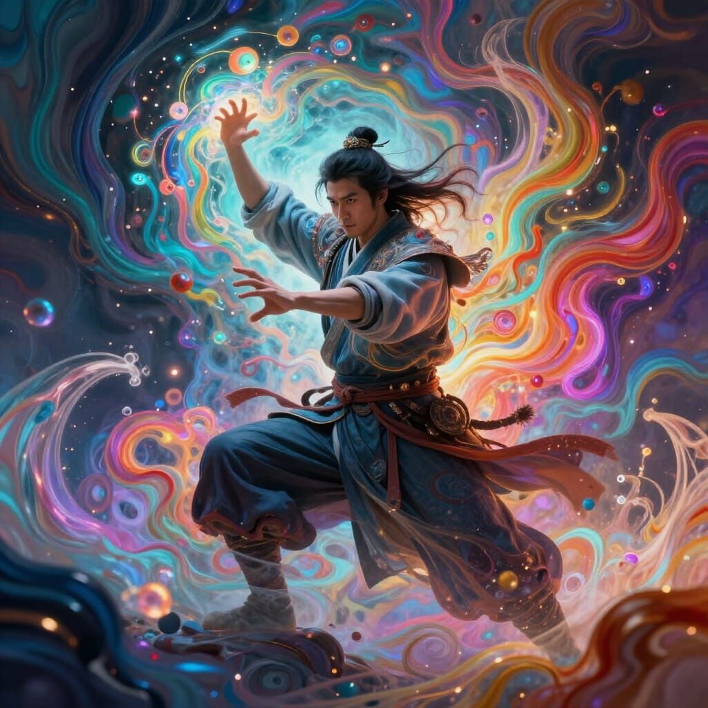 Warrior Embodied by Abstract Energy in Surreal Style