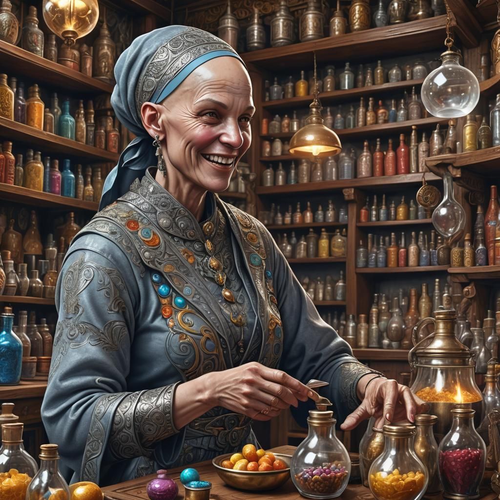 Potion Shop: Cheerful Goliath Woman in Hyper-Detailed 3D Art