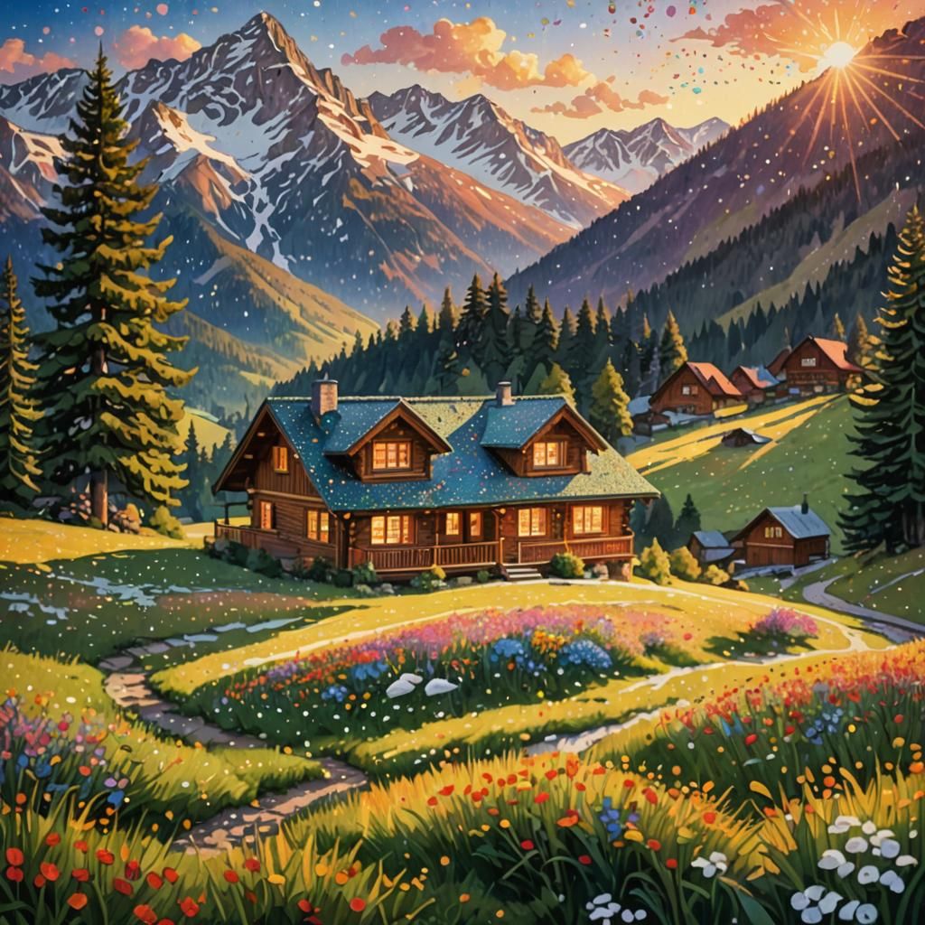Alpine Chalet in Pointillism Style at Sunset