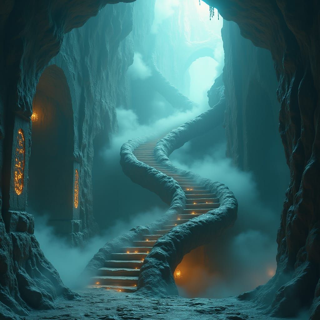 Ethereal Cloud Staircase with Glowing Runes
