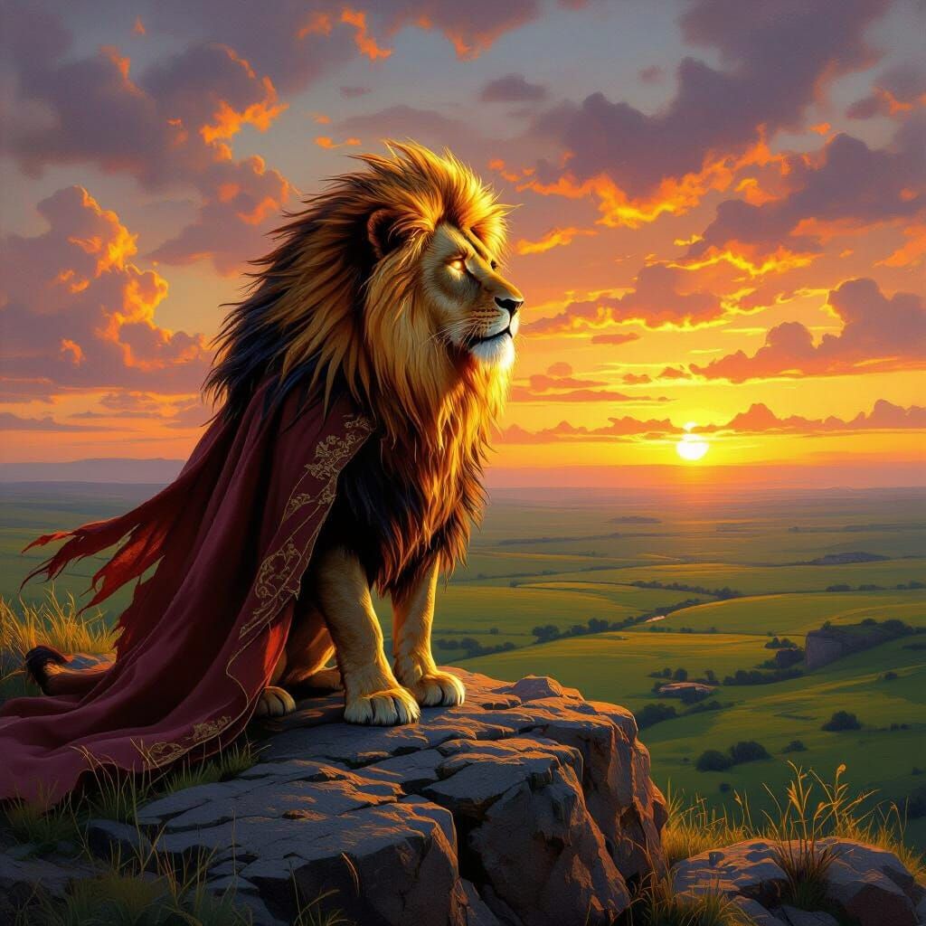 Lion with Fiery Mane in Impasto Oil Painting Style