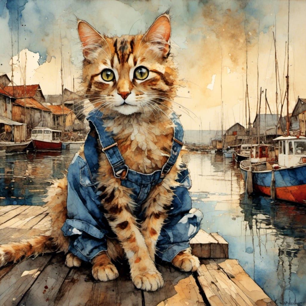 Cat Portrait Fishing on a Rustic Dock