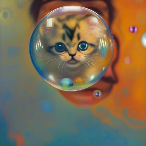 Playful Kitten in Bubbles: Hyperrealistic Portrait
