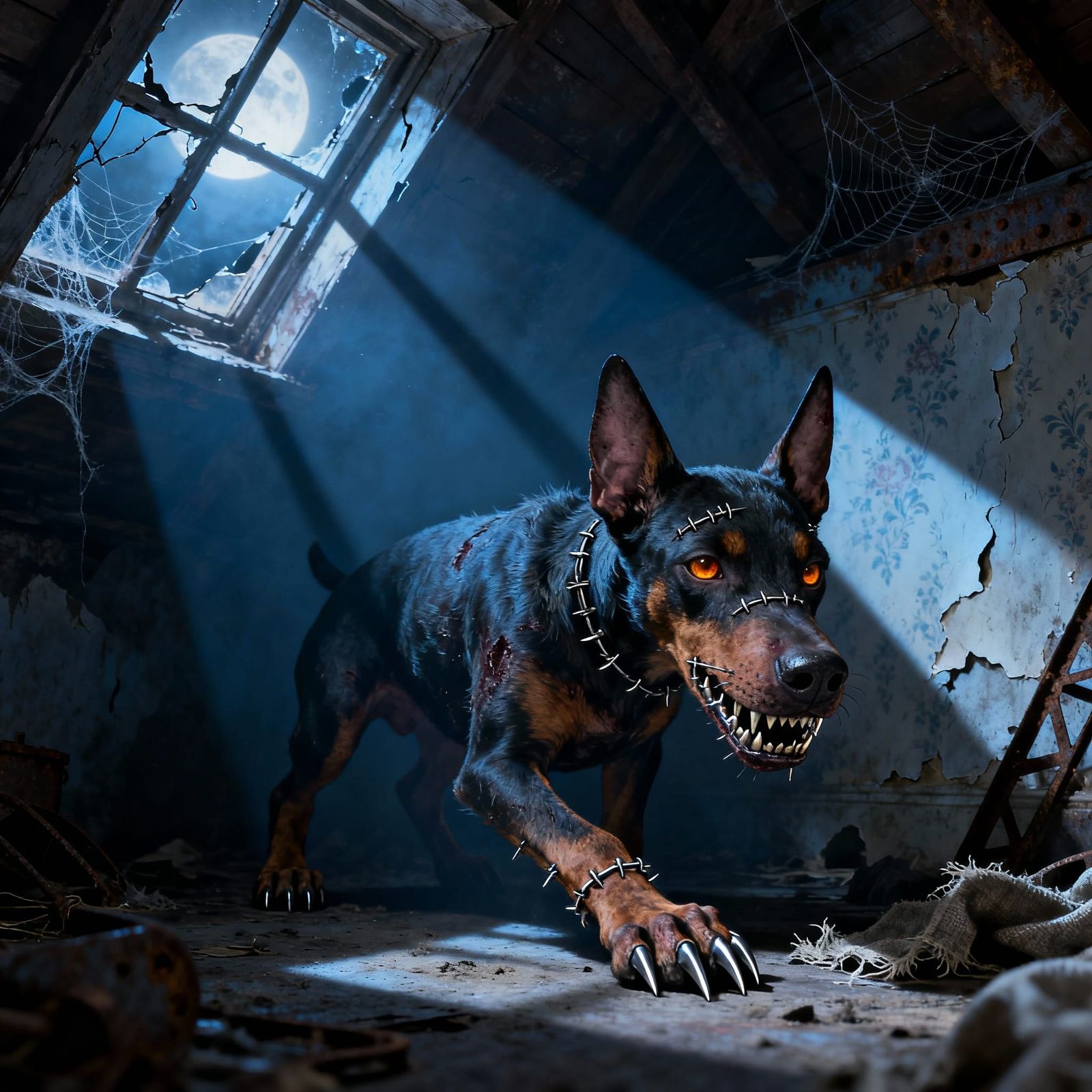 Metallic Doberman in Attic Shadows