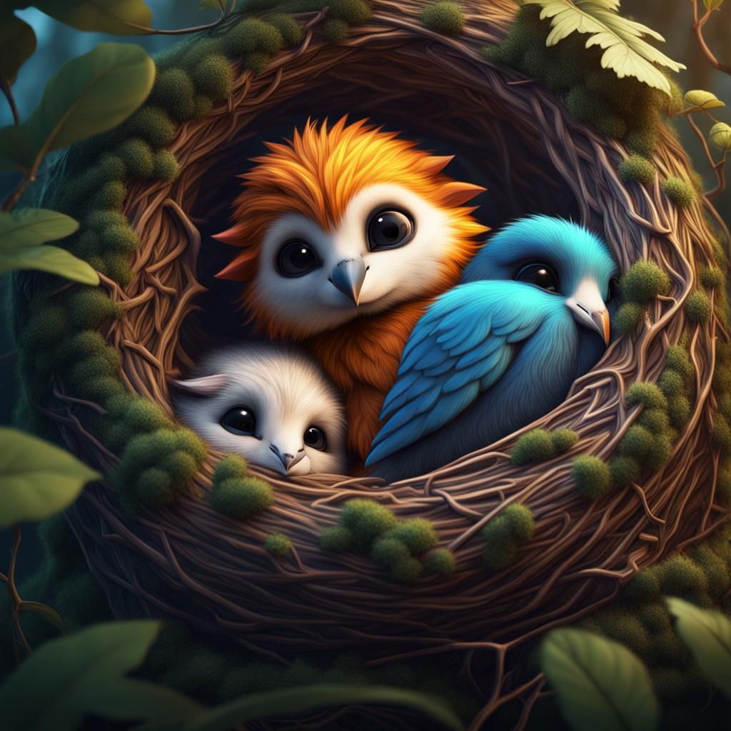 Cute Animals Cuddle in Nest: Fantasy Concept Art