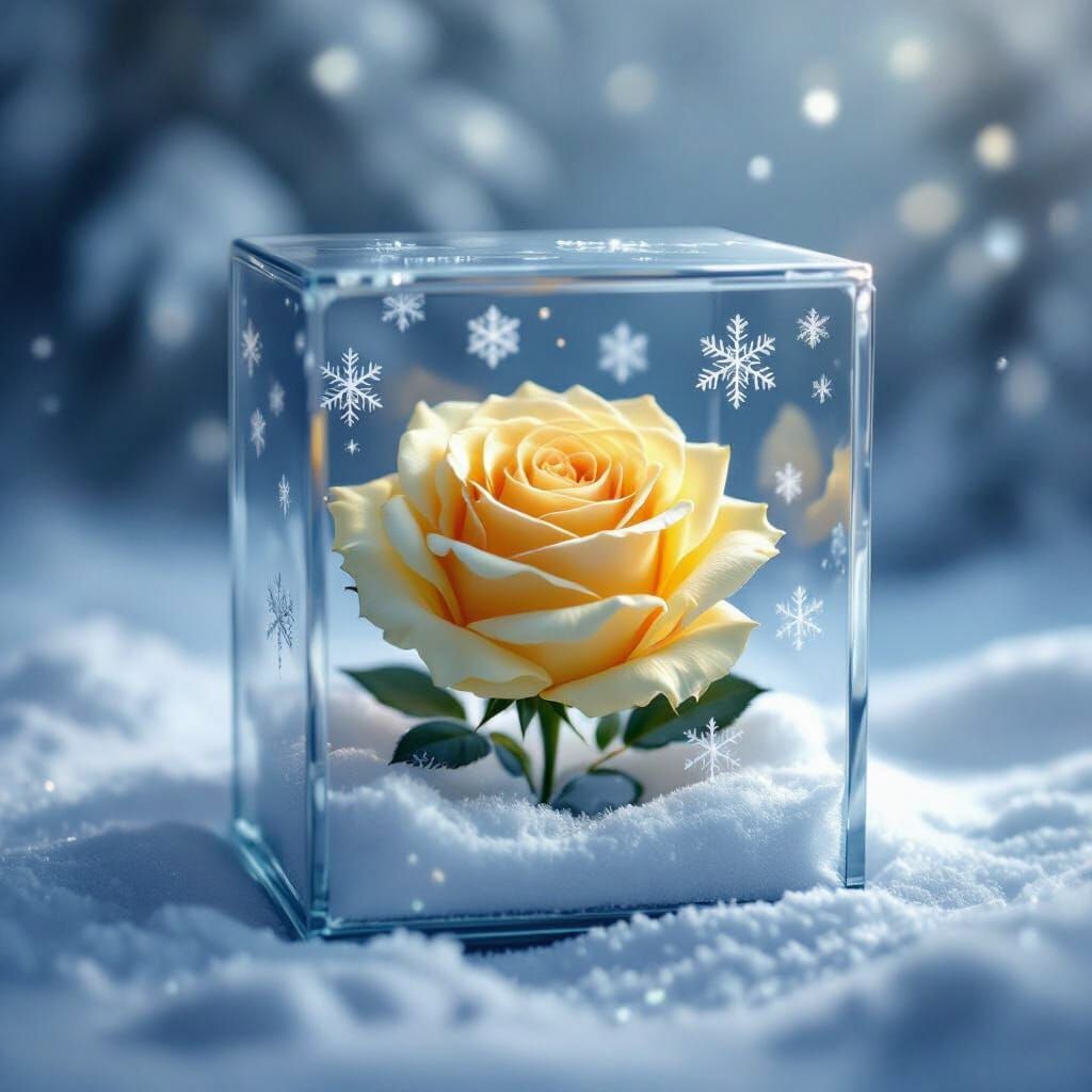 Vibrant Yellow Rose in Snowy Glass Box