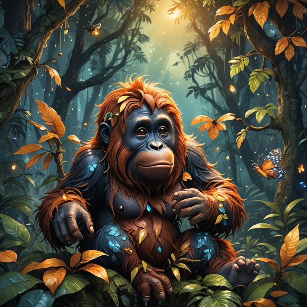 Sad Chibi Orangutan in Mystical Forest