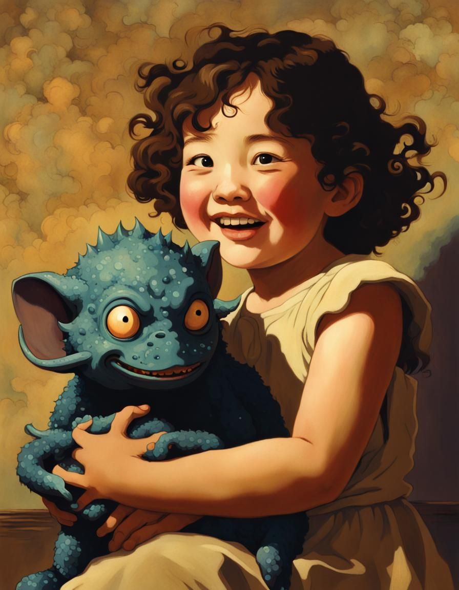 Toddler Hugs Lovecraftian Pet in Golden Age Style