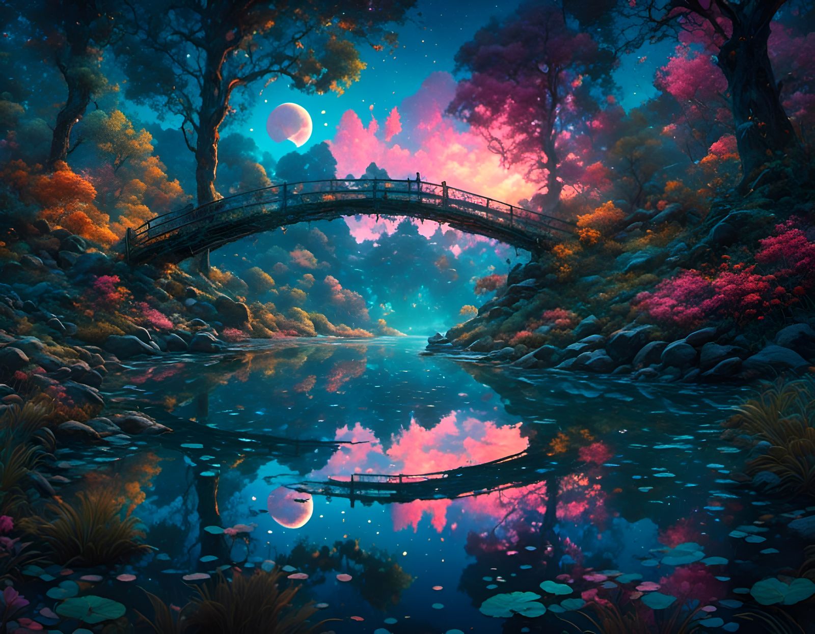 Lovers Reflected in Bioluminescent Lake: Fantasy Art