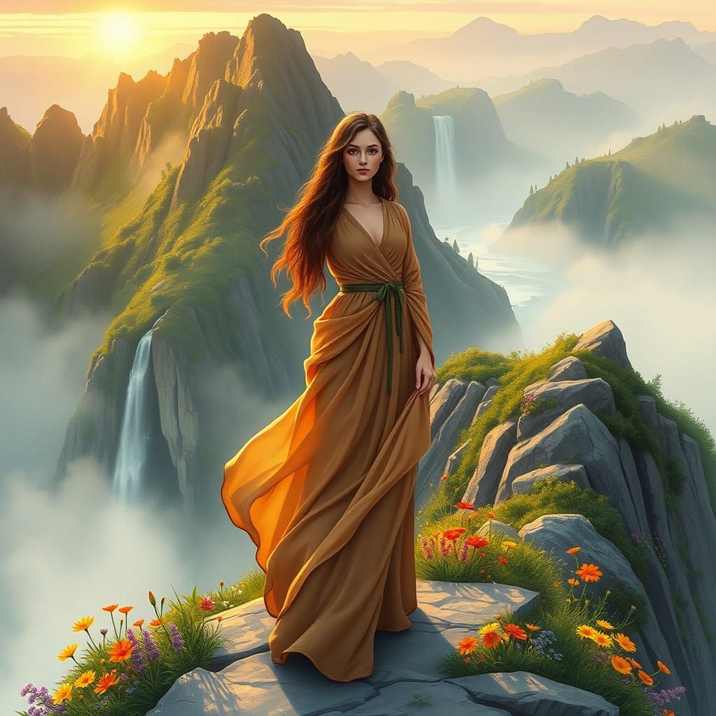 Ethereal Mountain Goddess in Dreamlike Aura