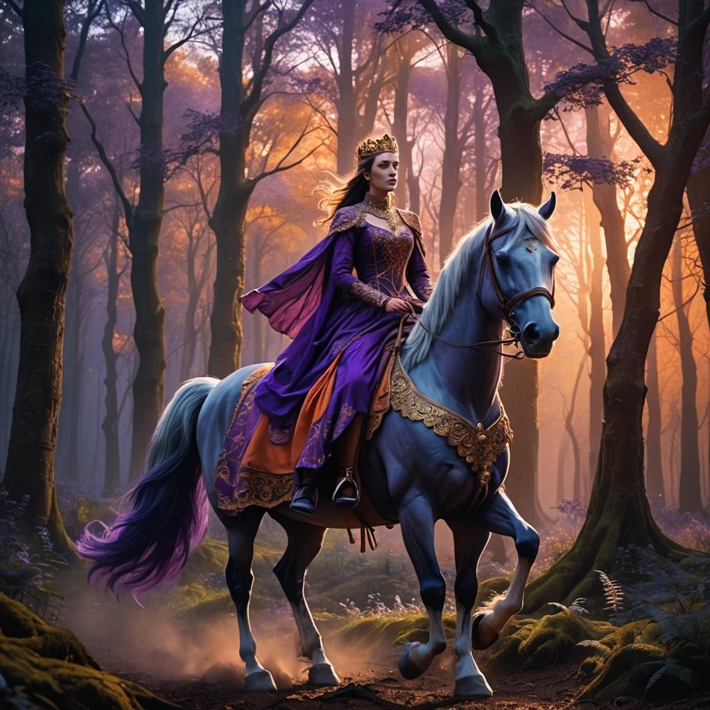 Princess on Horseback in Mystical Sunset Forest