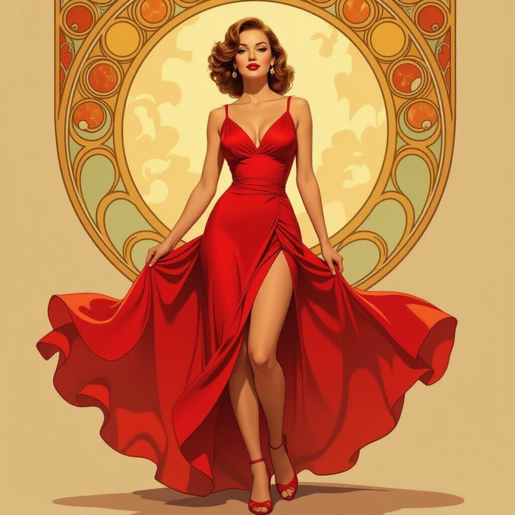 Classic Pin-Up Woman in Flowing Red Dress