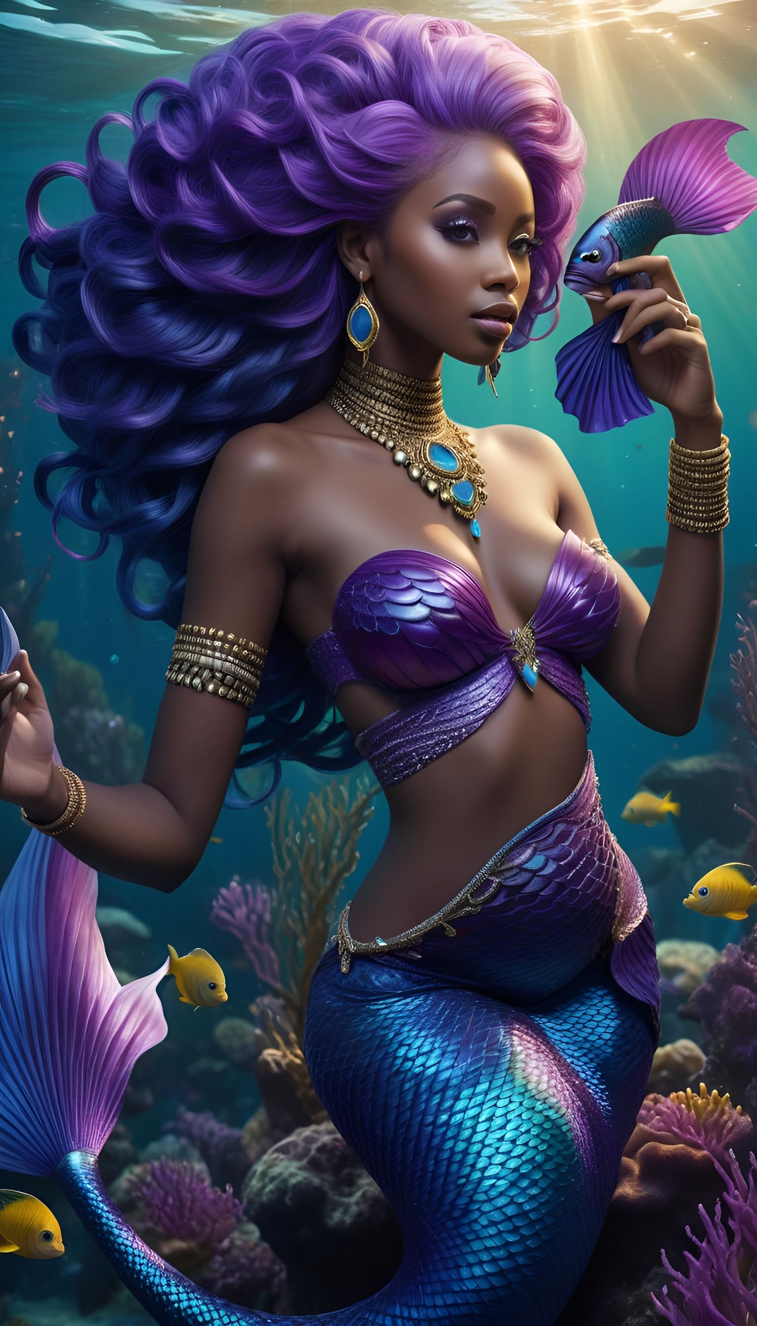 Elegant African Mermaid with Purple Tail, 8K