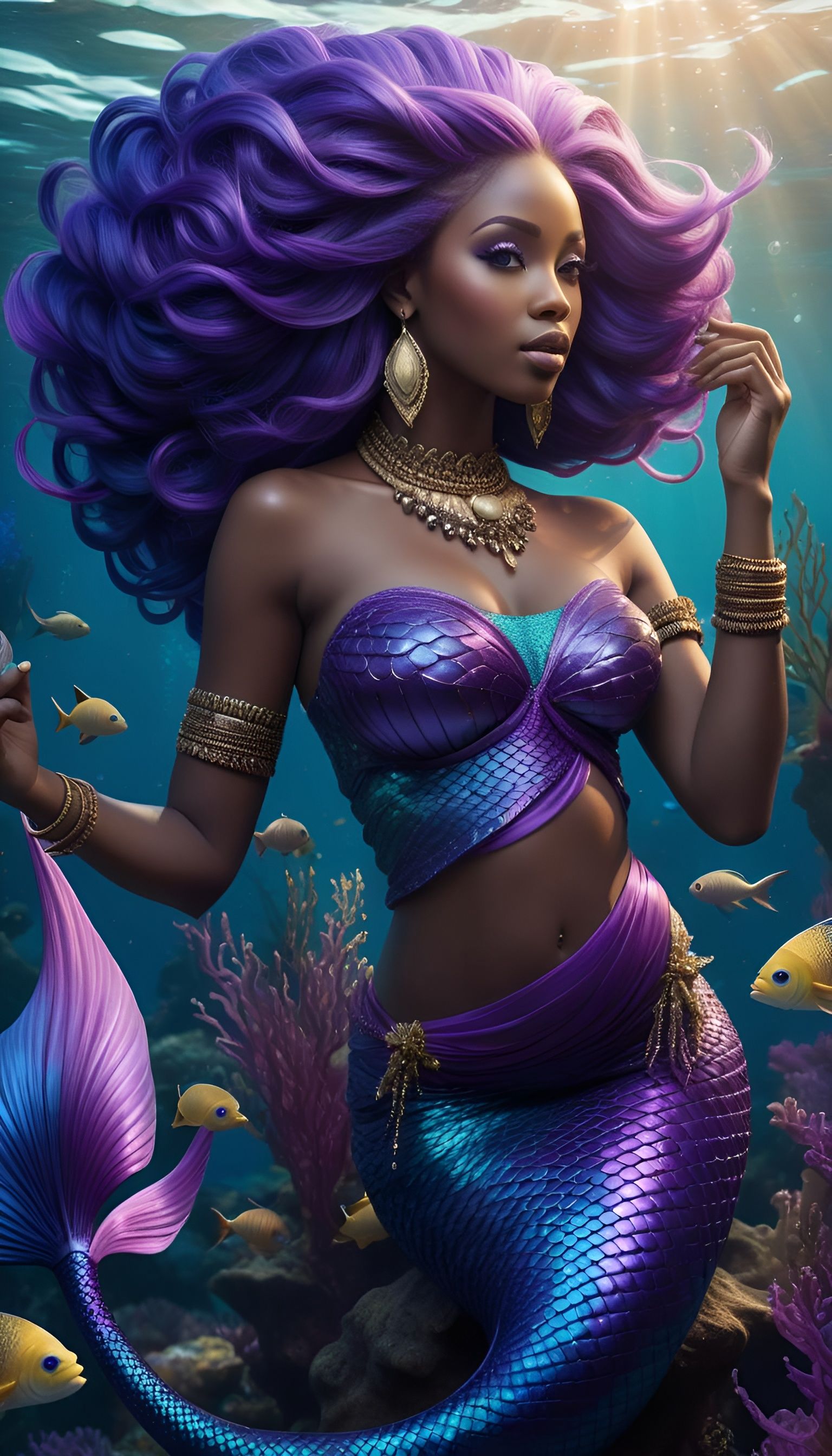 Elegant African Mermaid with Purple Tail