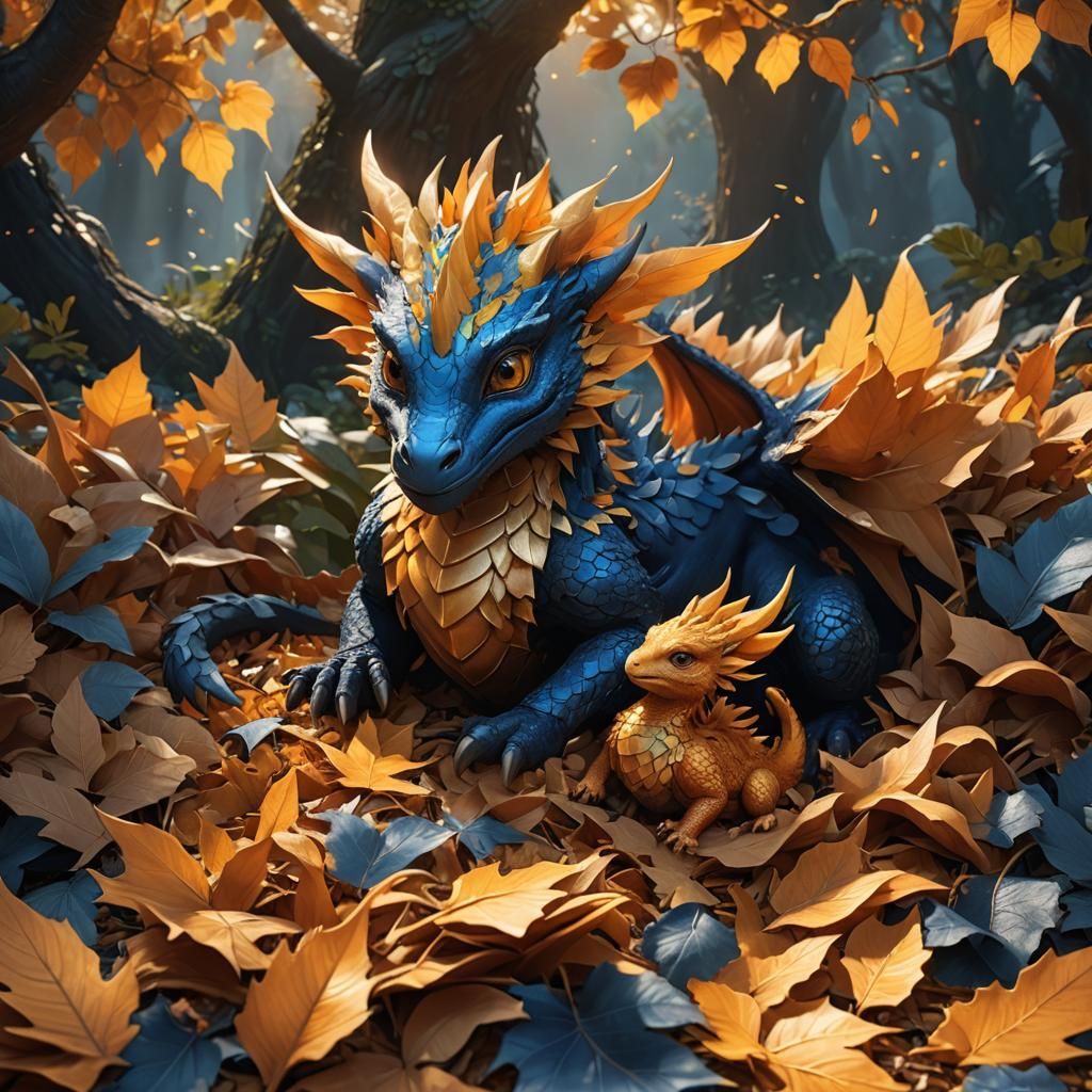 Baby Dragon and Phoenix Play in Autumn Leaves